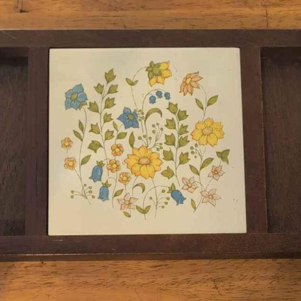 Floral Ceramic Tile with Wooden Frame